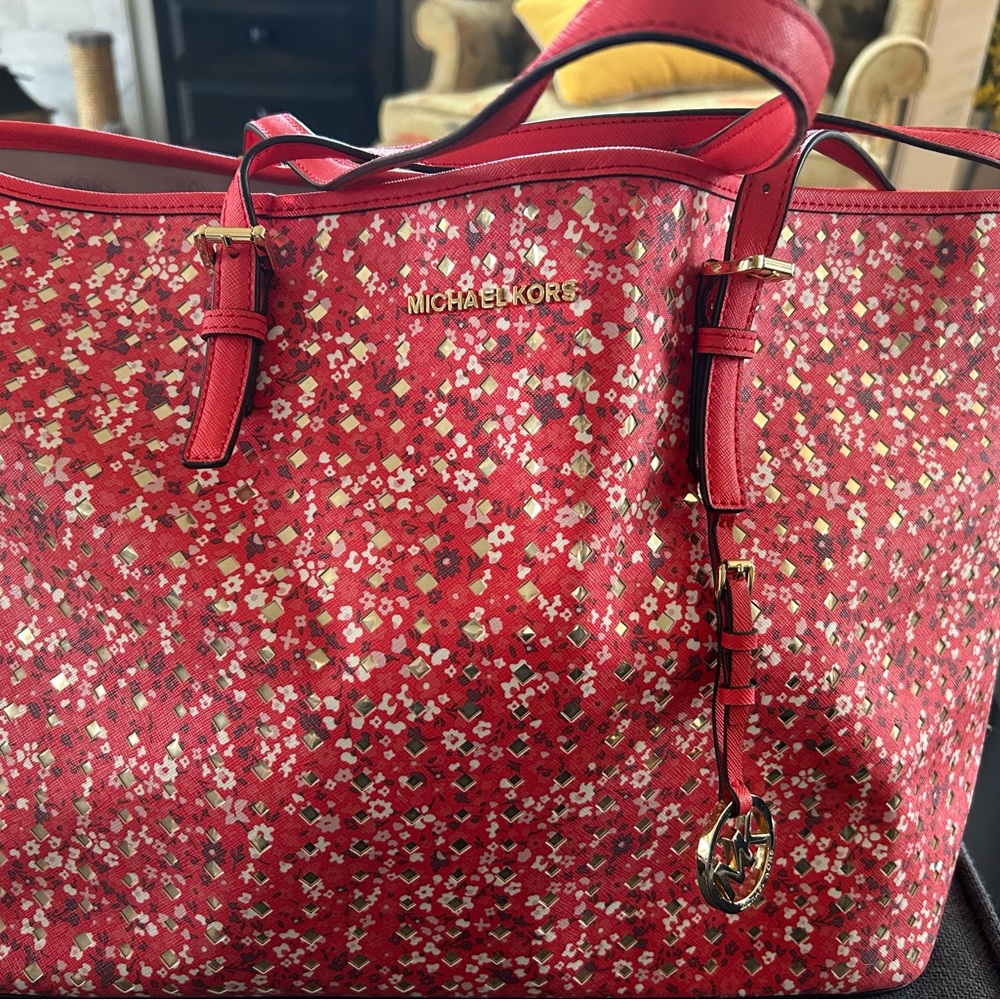 Michael Kors large red leather tote. Gold trim.